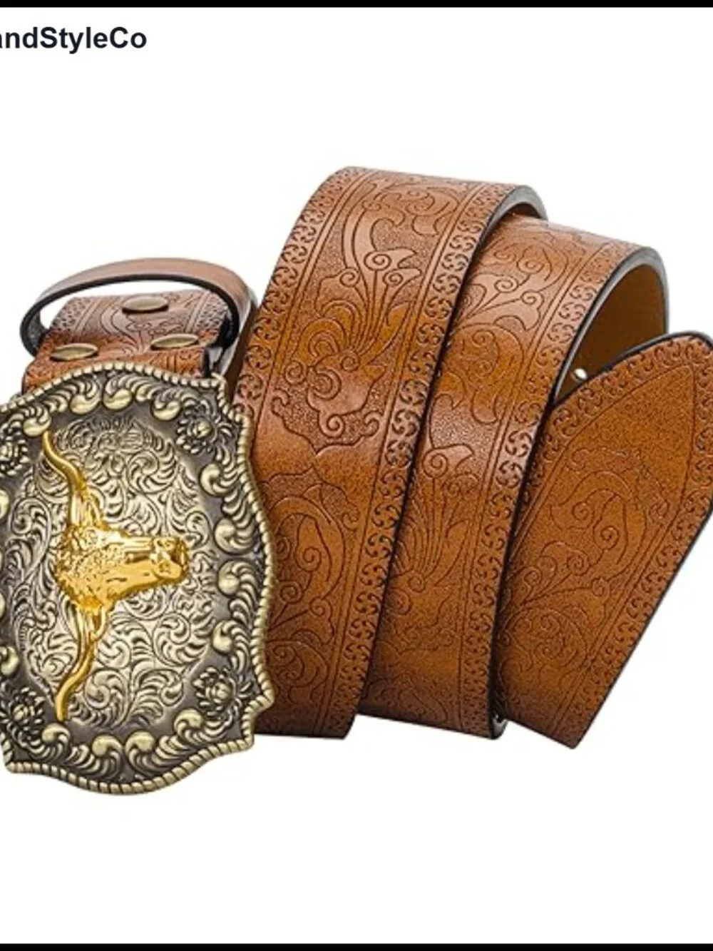 Vintage Floral Engraved Western Belt Bull Head Buckle PU Leather Waist Belt